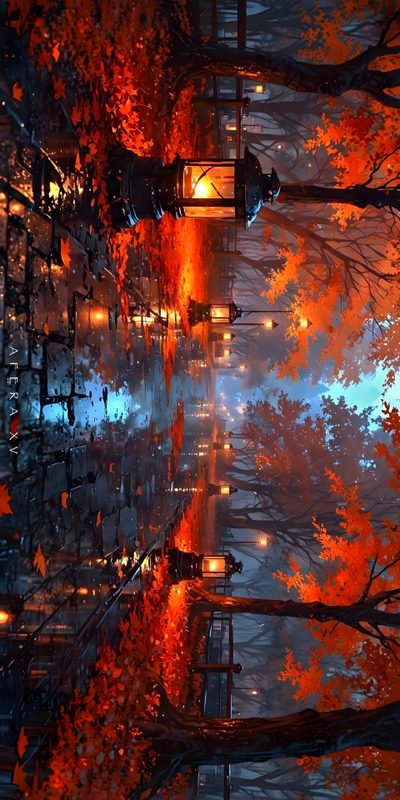 the reflection of trees and buildings in water is shown at night, with lights shining on them Wow Halloween 4k Background For Windows 10 Aesthetic, Autumn Pc, Fall Pc, dark slate gray