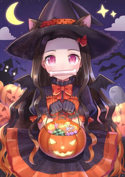 a girl in a witches costume holding a pumpkin Nezuko Kamado Halloween Demon Slayer Halloween, Halloween Demon Slayer, Nezuko Pumpkin, dark slate gray
