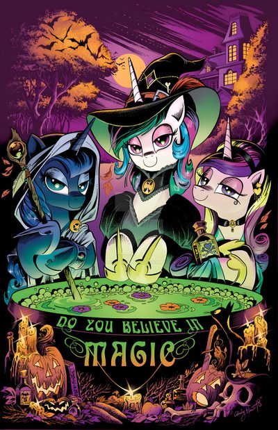 an image of some cartoon characters at a table with pumpkins and witches in the background My Little Pony Halloween Nightmare Night, Celestia And Luna, Mlp Comics, Children's Comics, dark slate gray