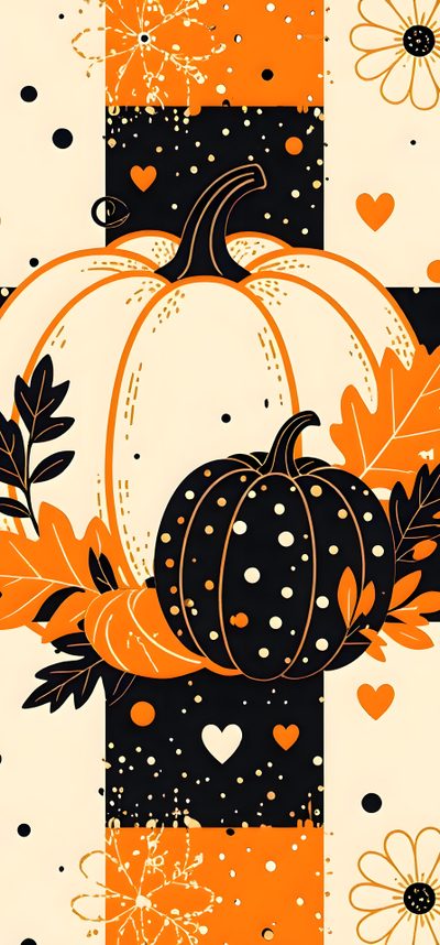 an orange and black pumpkin sitting on top of a checkered tablecloth with flowers Halloween Thanksgiving Halloween Fall Phone, Fall Halloween Iphone, Thanksgiving Phone Backgrounds, coral