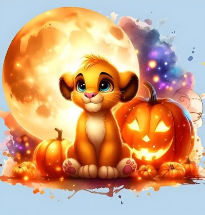 a lion cub sitting next to two pumpkins with the moon in the sky behind it Lion King Halloween Lion King Images Simba, Simba No Background, Disney Characters Simba, tan
