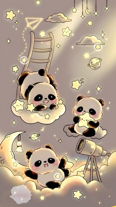 a panda bear sitting on top of a cloud with stars and moon in the sky Cute Halloween Panda Cute Pandas In Starry Night Sky, Cute Phone Inspiration, Kawaii Panda Illustration, rosy brown