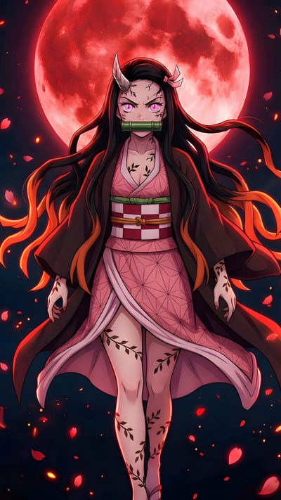 a woman with long hair and demon makeup standing in front of a red full moon Nezuko Kamado Halloween Nezuko In Full Demon Form, Image Of Nezuko, Nezuko Demon Mode, dark slate gray