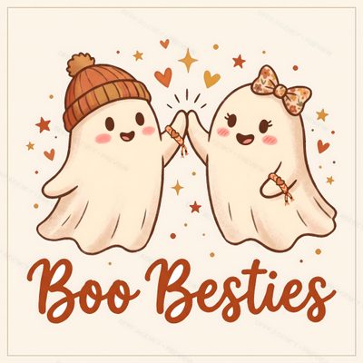 two white ghostes are holding hands with the words boo besties Cute Halloween Boo Bestie Halloween Ghosts, Les Saisons, Design Agency, Print On Demand, Ghost, linen
