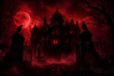 an image of a creepy castle with red lights in the dark night sky and two crows perched on gates Halloween Creepy House Creepy Halloween Desktop, Dark Movie Background, Halloween Desktop, black