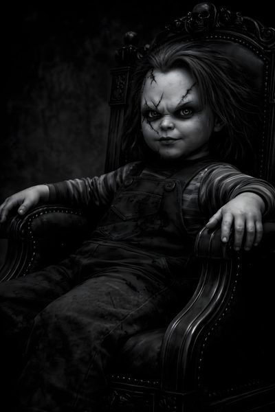a creepy looking doll sitting in a chair Halloween Chucky Scary Chucky, Chucky Black And White, Chucky Scary, Princess Dolls,