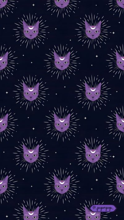 purple cats with big eyes and stars on a black background seamless wallpaper pattern Halloween Purple Cats Custom Astrology Themed Room Decor, Cute Phone Background Ideas, Purple Cat Pattern With Stars, black
