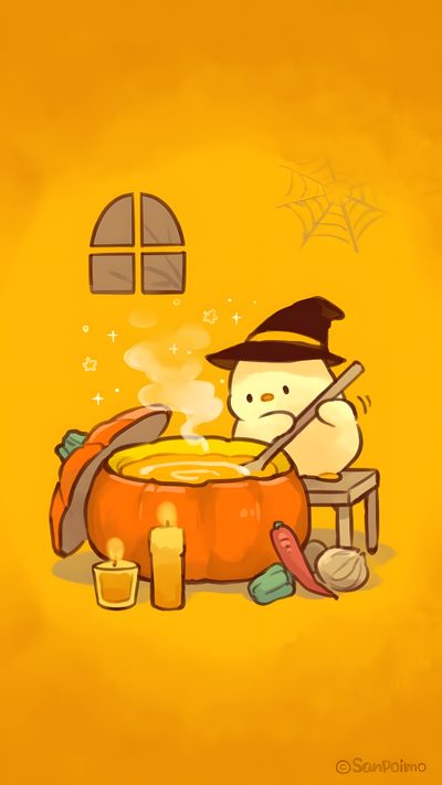 a cartoon character sitting in front of a bowl of soup Cute Halloween Duck Duck, Images Kawaii, Aquarelle Et Encre, Cute Animal Drawings Kawaii, orange