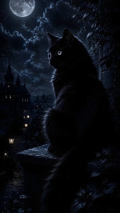 a black cat is sitting on a ledge in front of a full moon and castle Black Cat Halloween Gothic Pictures Aesthetic, Gothic Iphone, Gothic Cats, Black Cat, Halloween Inspo,