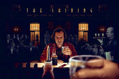 a man sitting at a table with a beer in front of him The Shining Laptop Halloween The Shining, The Shining Bar Scene, The Shining Black And Orange,