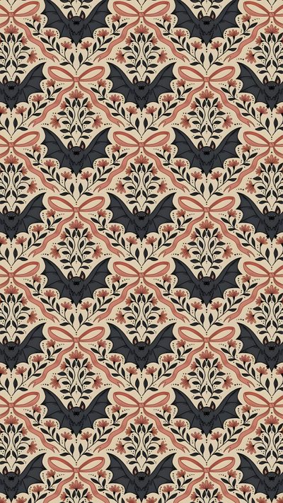 an ornate pattern with black and red colors Halloween Dollhouse Popular Patterns And Prints, Halloween Background Aesthetic, Print Repeat, rosy brown