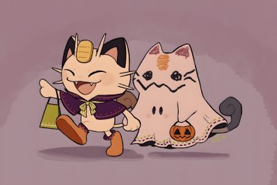 two cartoon cats with pumpkins on their heads and one cat wearing a costume, the other as a ghost Pokemon Halloween Computer Togepi Halloween, Halloween Pokemon, Pokemon Halloween, rosy brown