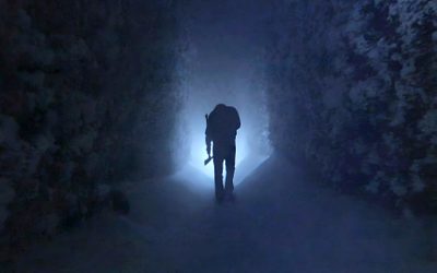 a person standing in the middle of a dark tunnel with snow on the ground and trees The Shining Laptop Halloween The Shining 1980 Hedge Maze Snow Scene, The Shining 1980 Movie Stills, The Shining Jack In The Snow, dark slate gray