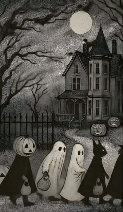 three children in halloween costumes are walking down the street with ghost bags and pumpkins Old School Halloween Halloween Aesthetic Vintage, Early Halloween, Halloween Images Backgrounds, dark olive green