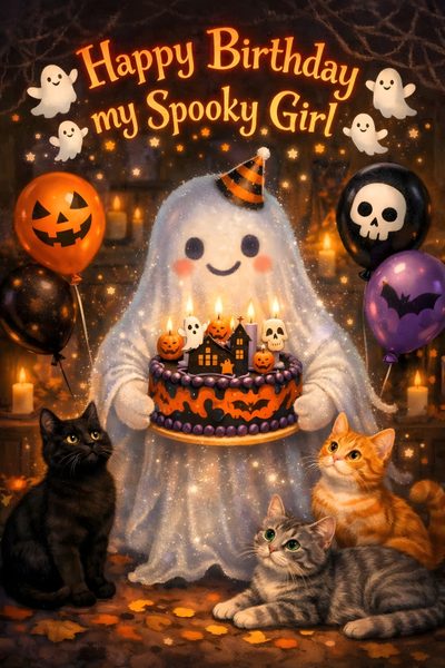 a happy birthday card for a spooky girl with two cats and a ghost Halloween Birthday Birthday Greetings, Birthday Wishes, Happy Birthday, Halloween, Birthday, saddle brown