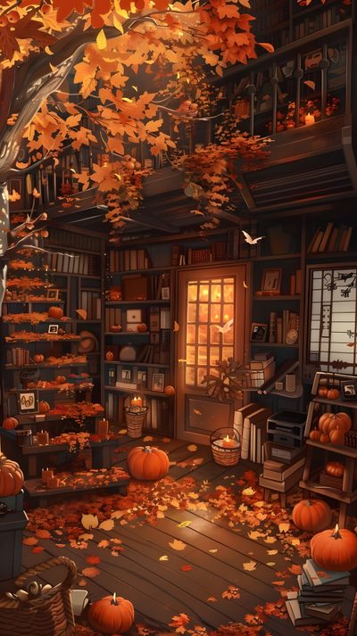 a room filled with lots of books and pumpkins on the floor next to a tree Halloween Library Autumn Phone, Autumn Phone Background, Fall Aesthetic Art, saddle brown