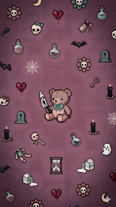 a teddy bear holding a knife surrounded by skulls and other items on a purple background Creepy Cute Halloween Lock Screen, Cute Emo, Tumblr, Emo, Pastel Goth, Horror Cute, dim gray