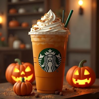 starbucks pumpkin latte with whipped cream and jack - o'- lanterns Halloween Starbucks Starbucks Pumpkin Spice Latte, Spice Cafe, Pumpkin Drinks, saddle brown