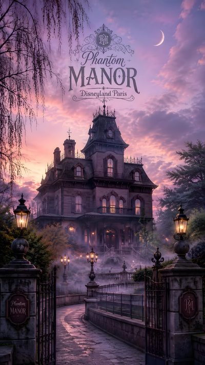 the mansion manor is shown in this beautiful poster for disneyland's halloween movie series Haunted Mansion Halloween Homemade Halloween Decorations, The Haunted Mansion, Phantom Manor, dim gray