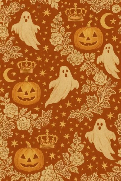 halloween pumpkins and ghost faces on an orange background with stars, leaves, and moon Vintage Halloween Orange Retro Halloween Aesthetic, Pumpkin, Halloween Pattern Background, sienna