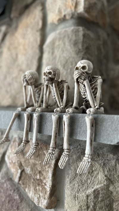 three skeleton figurines sitting on top of a stone wall next to each other Halloween 3 Skeleton 3, For 4 Best Friends, 4 Skeletons, 3 Skeletons, Skeleton Decor Halloween, gray