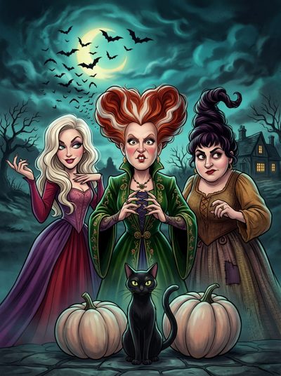three witches standing next to each other in front of a full moon Hocus Pocus Halloween Hocus Pocus Cartoon, Hocus Pocus Art, Hocus Pocus Drawing, dark slate gray