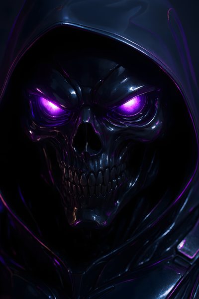 a skull with glowing purple eyes and a hood Halloween Skull Purple Custom Calaveras Aztecas, Apple Iphone Hd, Evil Demons, Skull Island, Wolf, black