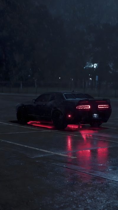a black sports car is parked in the rain Halloween Hellcat Hellcat Headlight, Hellcat In Rain, Hellcat Drifting, Hellcat At Night, Demon Hellcat, black