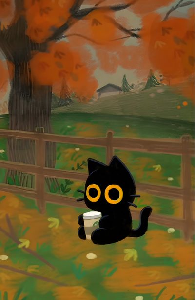 a black cat sitting on top of a grass covered field next to a fence and tree Cute Cat Halloween Cartoon Fall Cartoon Art, Black Cat Fall Theme, Cute Fall Cat Art, dark olive green