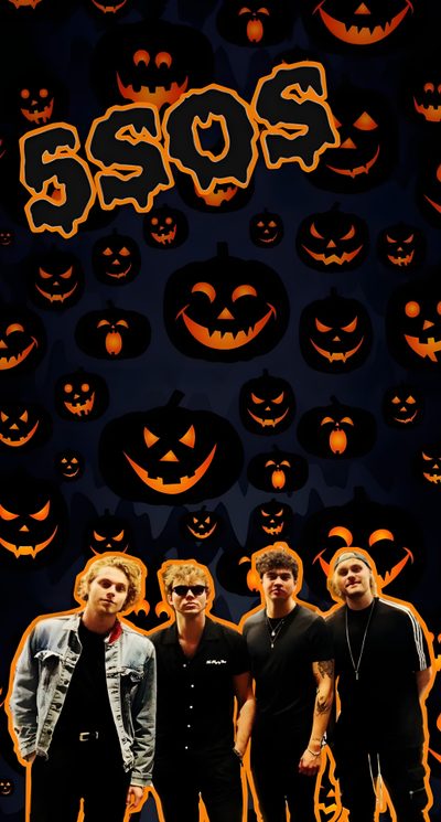 three men standing next to each other in front of pumpkins and jack - o'- lanterns 5sos Halloween Rocktober Background, Aesthetic Halloween Boys, Emo Fall Background, Helloween Album, black