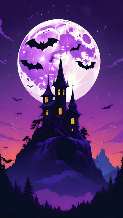 a castle with bats flying over it and the moon in the sky behind it is lit up Halloween Bat Moon Purple Large Bat Phone, Purple Happy Halloween, Bat Background, midnight blue