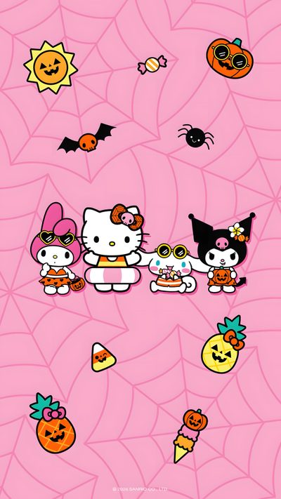 hello kitty halloween wallpaper with pumpkins, bats and cats on the pink background Hello Kitty And Friends Halloween Hello Kitty Christmas Tree, Screen Savers, Halloween Countdown, light pink