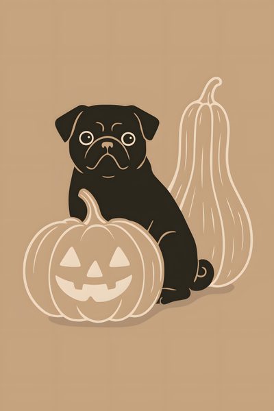 Boho Halloween Poster – Pug with Pumpkins Halloween Pug Boho Fall Decor, Dog Pumpkin, Minimalist Halloween, Boho Halloween, Pug Puppies, rosy brown