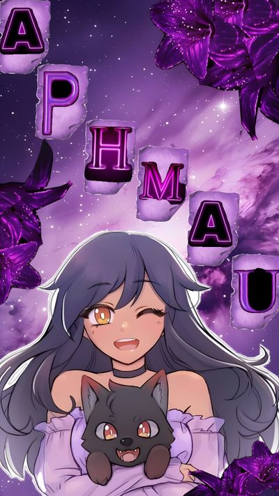 an anime character holding a black cat in front of purple flowers and letters that spell phm Halloween Aphmau Aphmau Youtube, Aphmau Characters, Fanart Fanart Aphmau, Aphmau Fan Art, Ladybug, dim gray