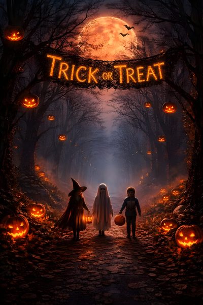 the poster for trick or treat Large Scale Halloween Trick Or Treats Trick Or Treating, Happy Halloween Gif, Haunted Carnival, Pumpkin, black