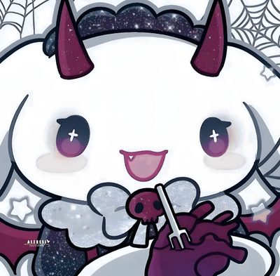 a cartoon cat with horns holding a purple object in it's hand and smiling Sanrio Halloween Pictures Cinnamoroll Halloween Gothic Sanrio, Badz Maru And Kuromi Matching Pfp, Batz Maru And Kuromi Matching Pfp, light gray