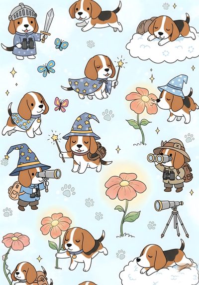 a cartoon dog with many different things on it Cute Beagle Halloween Kawaii Cute Beagle Drawing, Cute Cartoon Beagle, Cartoon Beagle Iphone, alice blue