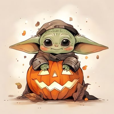 a baby yoda sitting on top of a pumpkin Halloween Baby Yoda Yoda Pumpkin, Star Wars Halloween Drawing, Star Wars Thanksgiving, bisque