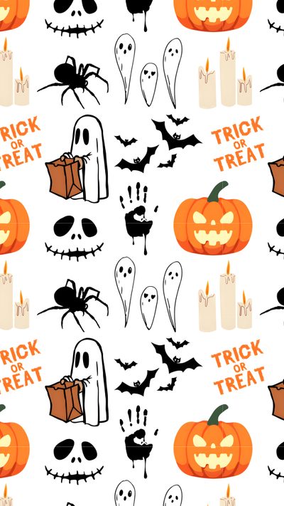 halloween seamless wallpaper with pumpkins and ghost faces in black, white, and orange Large Scale Halloween Trick Or Treats Trick Or Treat, Halloween White Background, Halloween Jpeg,