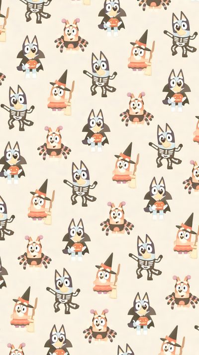 an animal themed wallpaper with lots of cats and witches Bluey Halloween Iphone Spooky Iphone, Bluey Halloween Background, Bluey And Bingo Halloween, beige
