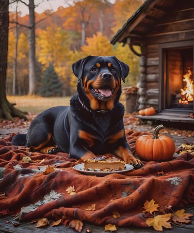 a dog is sitting on a blanket in front of a fire place and pumpkins Halloween Rottweiler Rottweiler Dog, Rottweiler, Dogs, dark olive green