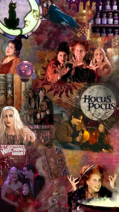 the collage has many different pictures and words on it, including cats in hats Halloween Iphone Movies And Shows Thanksgiving Movie, Hocus Pocus Book, Hocas Pocas, dark olive green