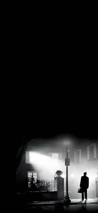 a man standing on the street in front of a building at night with fog coming from behind him Halloween 1978 Iphone Exorcista, The Exorcist Iphone, Horror Movies 4k, Classic Horror Movie, black