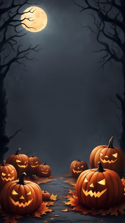 halloween pumpkins with jack o lantern faces in the middle of a dark, spooky forest Halloween Canva Halloween Day Background, Halloween Theme Background, Halloween Backgrounds, dark slate gray