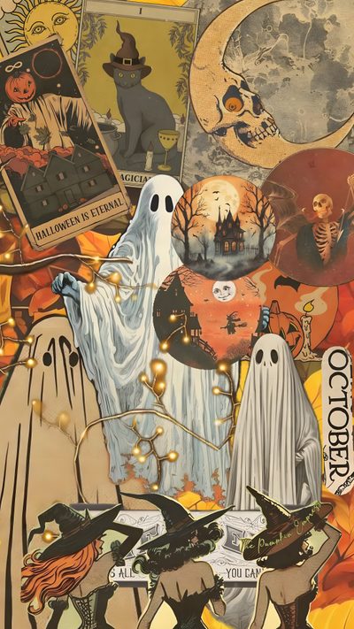 an image of halloween collage with ghostes and pumpkins on it's side Slay Halloween Halloween Backgrounds Collage, Halloween Collages, Halloween Collage Iphone, peru
