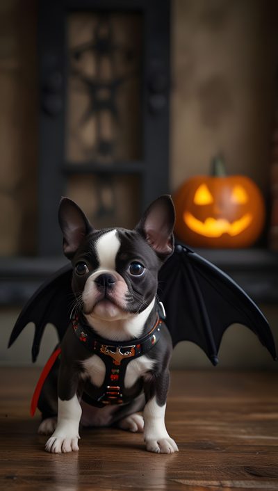 a small black and white dog with a bat on it's back sitting in front of a pumpkin Halloween Boston Terrier Boston Scally Halloween Rose, Cute Boston Terrier, Boston Terrier Pictures, dark slate gray