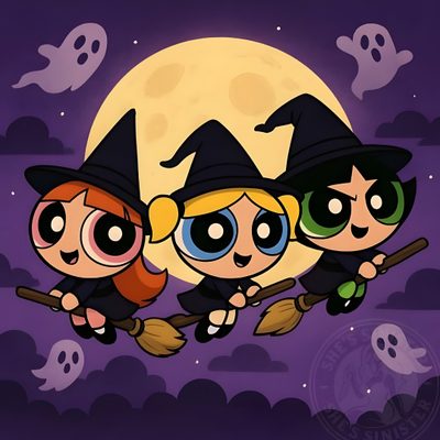 three cartoon witches flying in front of a full moon Powerpuff Girls Halloween Cute But Scary, Cute Halloween Cartoons, Halloween Cartoon Characters, dark slate gray