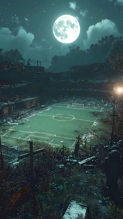 an abandoned soccer field with the moon in the background Halloween Soccer Football Pitch, Dark Football Images, Football Concepts, dark slate gray