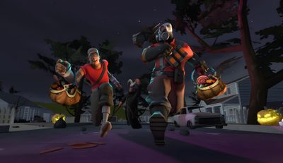 three animated characters are running in the street at night with pumpkins on the ground Tf2 Halloween Tf2 Scout Halloween, Tf2 Banner, Tf2 Skeletons, Tf2 Halloween, Tf2 Oktoberfest, black