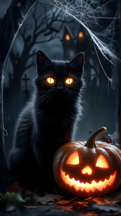 a black cat sitting next to a carved pumpkin Halloween Fiery Felines-black Custom Halloween Cat Pics, Halloween Halloween Black Cat, Halloween Black Cats,